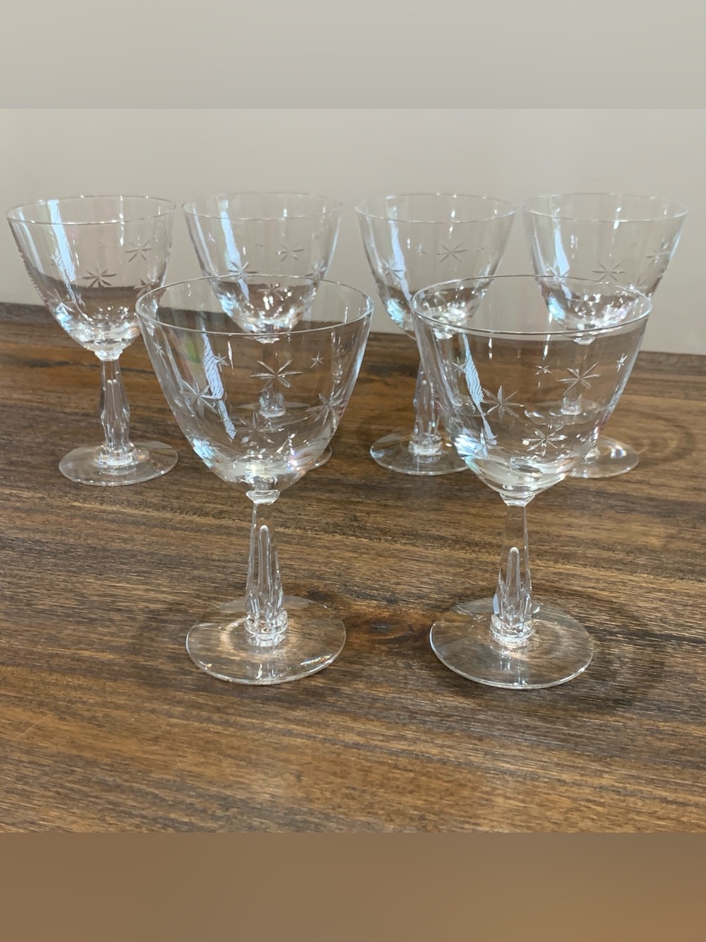 Vintage Etched Starburst Crystal Stem Glasses Set of 6 Faceted Stem 6.5”